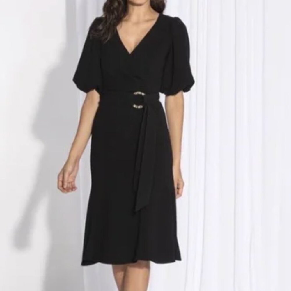NWT Shoshanna Esmeralda belted Puff-Sleeve Crepe Dress in Black Size 2